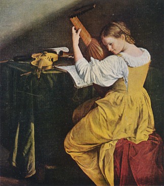 Featured is a postcard image of the painting "The Lute Player" by Gentileschi.  Actually, several antique musical instruments are pictured in the vignette.  The original postcard is for sale in The unltd.com Store.